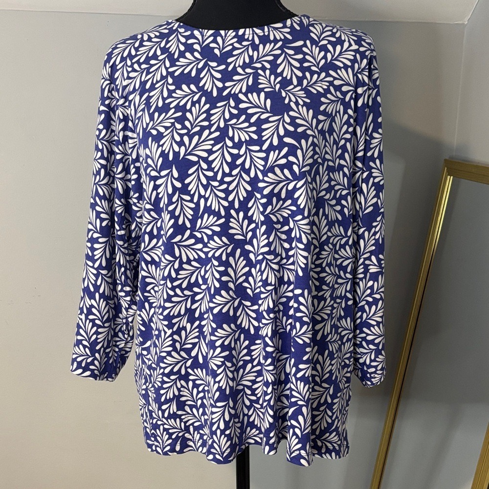 Jaeger Blue White Leaf Print Long Sleeve Tunic Top Viscose Stretch Size 12